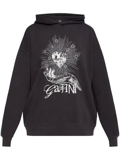 Ganni Womens Phantom Isoli Heart Embroidered Organic-cotton Hoody