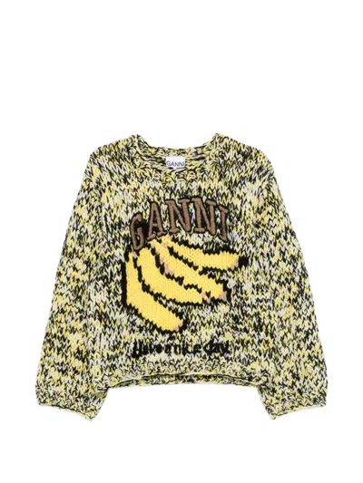 Ganni Graphic-print Intarsia Sweater In Yellow