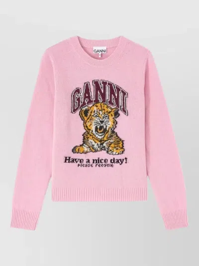 Ganni Graphic Print Long Sleeve Crew Neck Sweater In Pink