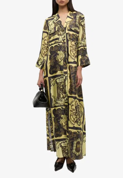 Ganni Graphic Print Maxi Shirt Dress In Brown