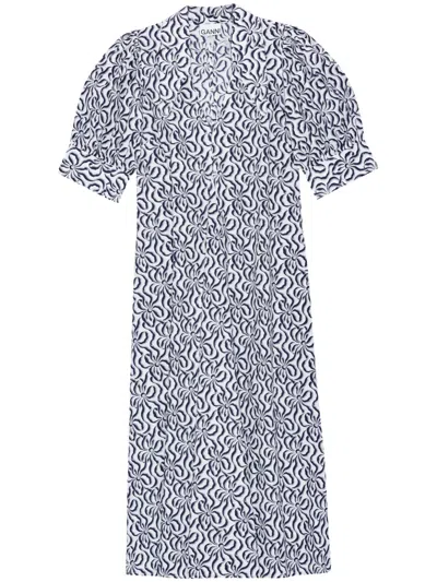 Ganni Graphic-print Organic-cotton Midi Dress In Blue