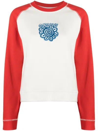 Ganni Long Sleeve Isoli Raglan Contrast Sleeve Sweatshirt In White