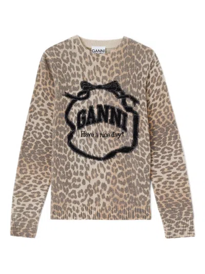 Ganni Graphic Print Ribbed Edge Sweater Size S In Animal Print