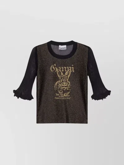 Ganni Graphic Print Sheer Knit Top With Ruffle Cuffs In Black