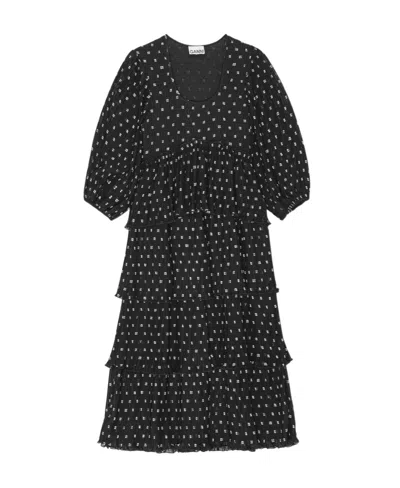Ganni Graphic-print Short-sleeve Layered Midi Dress In Black