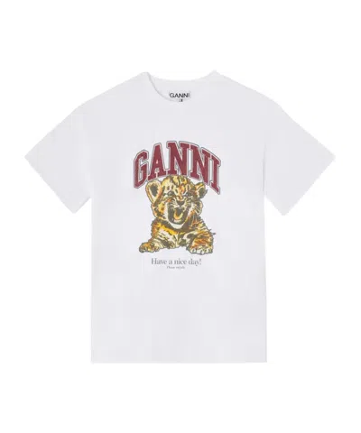 Ganni Womens Bright White Tiger-print Round-neck Cotton-jersey T-shirt Xl