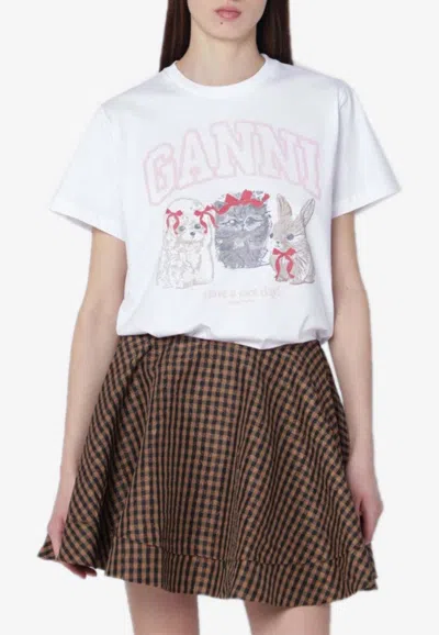 Ganni Graphic Print Crew Neck Short Sleeve Top In White