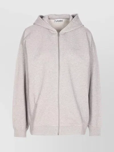 Ganni Graphic Print Teddy Zip Hoodie In Gray