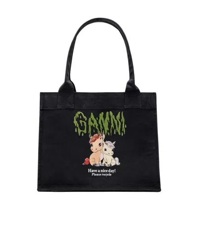 Ganni Graphic Print Tote Bag In Black
