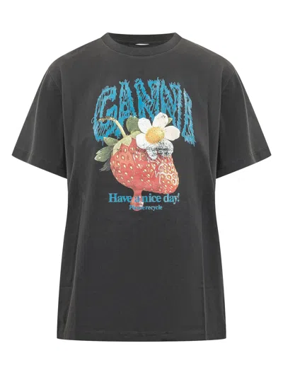Ganni Graphic Print T-shirt In Black
