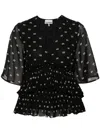 Ganni Graphic-print V-neck Pleated Blouse In Black