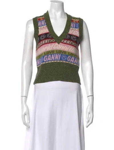 Pre-owned Ganni Graphic Print V-neck Sweater In Green