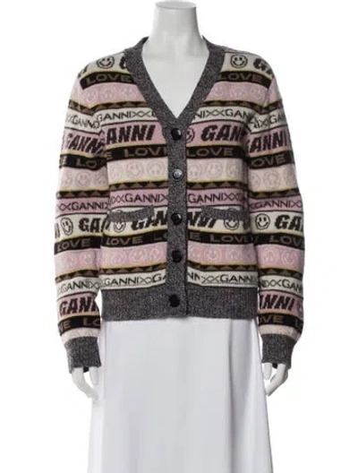 Pre-owned Ganni Graphic Print V-neck Sweater In Multi