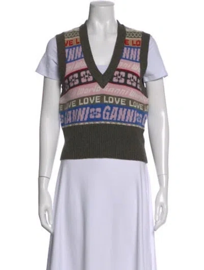 Pre-owned Ganni Graphic Print V-neck Sweater In Pink