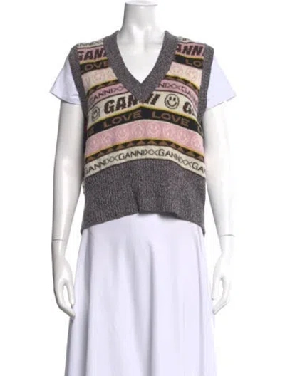 Pre-owned Ganni Graphic Print V-neck Sweater In Pink