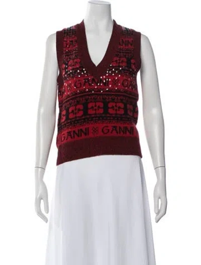 Pre-owned Ganni Graphic Print V-neck Sweater In Red