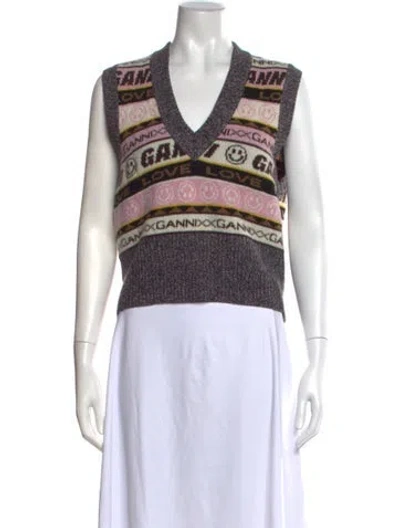 Pre-owned Ganni Graphic Print V-neck Sweater W/ Tags In Pink