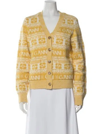 Pre-owned Ganni Graphic Print V-neck Sweater In Yellow