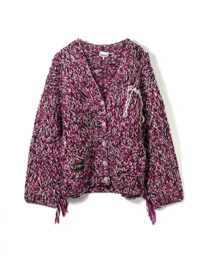 GANNI GANNI GRAPHIC PURPLE FRINGE WOOL HANDKNIT CARDIGAN