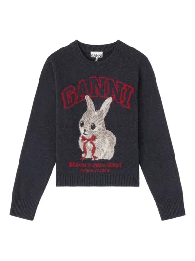 Ganni Graphic Rabbit Intarsia Sweater In Gray