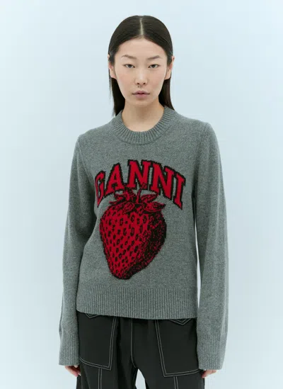 Ganni Graphic Strawberry O-neck Sweater In Grey