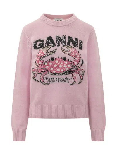 Ganni Graphic Sweater With Silk-blend Knit In Pink