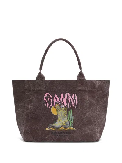 Ganni Graphic Tote Bag In Brown