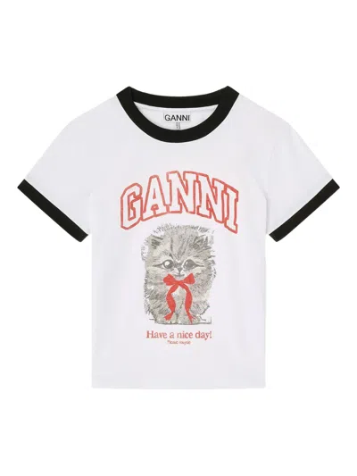 Ganni Graphic T-shirt With Round Neckline And Short Sleeves In White