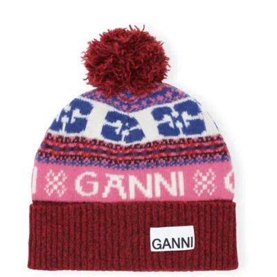 Ganni Graphic Wool Beanie In Multi In Red