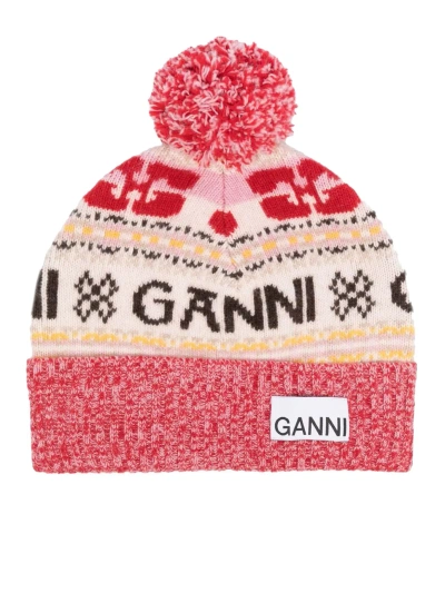 Ganni Graphic Wool Beanie In Multicolor