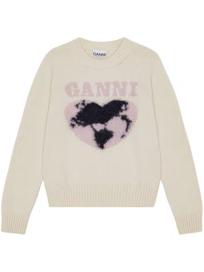 Ganni Beige Wool Sweater With Front Heart And Logo