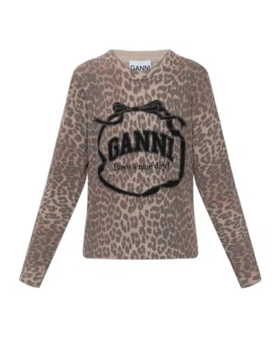 Ganni Leopard Wool Crewneck Jumper Long Sleeves In Multi