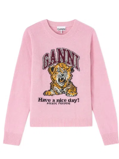 Ganni Graphic Print Long Sleeve Crew Neck Sweater In Pink
