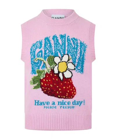 Ganni Graphic Wool Knitted Sweater Vest In Pink