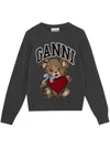 Ganni Grey Crewneck Sweater With Maxi Logo Print On The Front In Black
