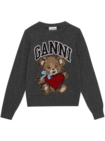 GANNI GANNI GRAPHIC WOOL MIX BEAR CREWNECK