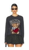 Ganni Wool Graphic Bear Crewneck Sweater In Gray Quill