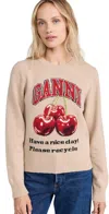 Ganni Graphic Wool Mix Cherry Crewneck Safari In Safari