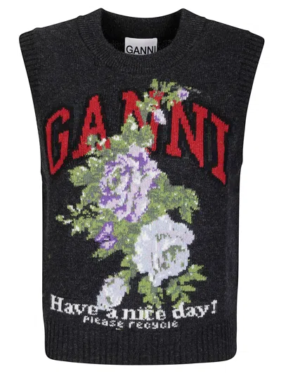 Ganni Graphic Wool Mix Flowers Vest In Black