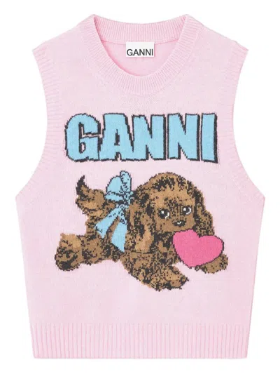 Ganni Graphic Wool Mix Pink Puppy Top In Multi