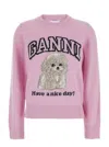Ganni Wool Sweater With Poodle In Pink