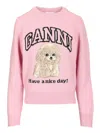 Ganni Womens Chalk Pink Poodle Logo-motif Wool-blend Knit Jumper Xs In Pink