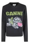 Ganni Playful Puppy Love Graphic Wool Blend Crewneck Sweater In Black