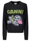 Ganni Playful Puppy Love Graphic Wool Blend Crewneck Sweater In Black
