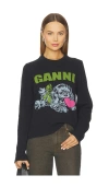 Ganni Playful Puppy Love Graphic Wool Blend Crewneck Sweater In Blue