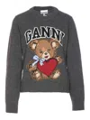 Ganni Wool Graphic Bear Crewneck Sweater In Grey