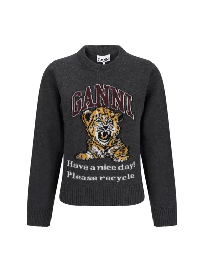 Ganni Graphic Wool Mix Tiger Crewneck In Grey