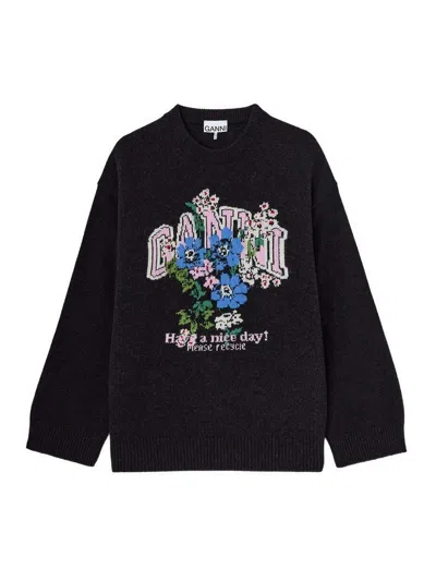 Ganni Graphic Wool Oversized Sweater Flowers In Black