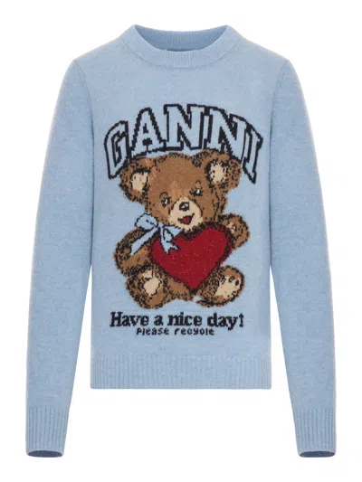 Ganni Graphic Wool Sweater In Blue