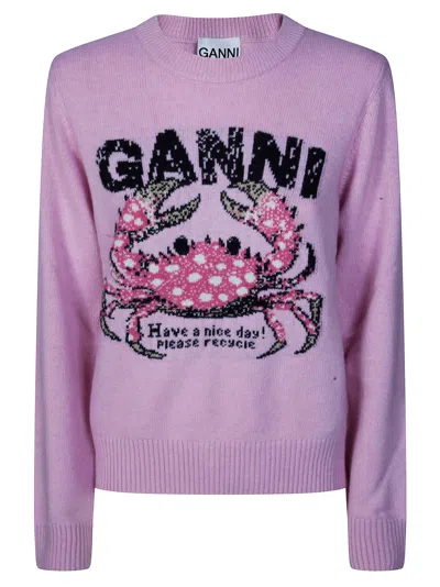Ganni Graphic Wool Sweater Crab In Pink